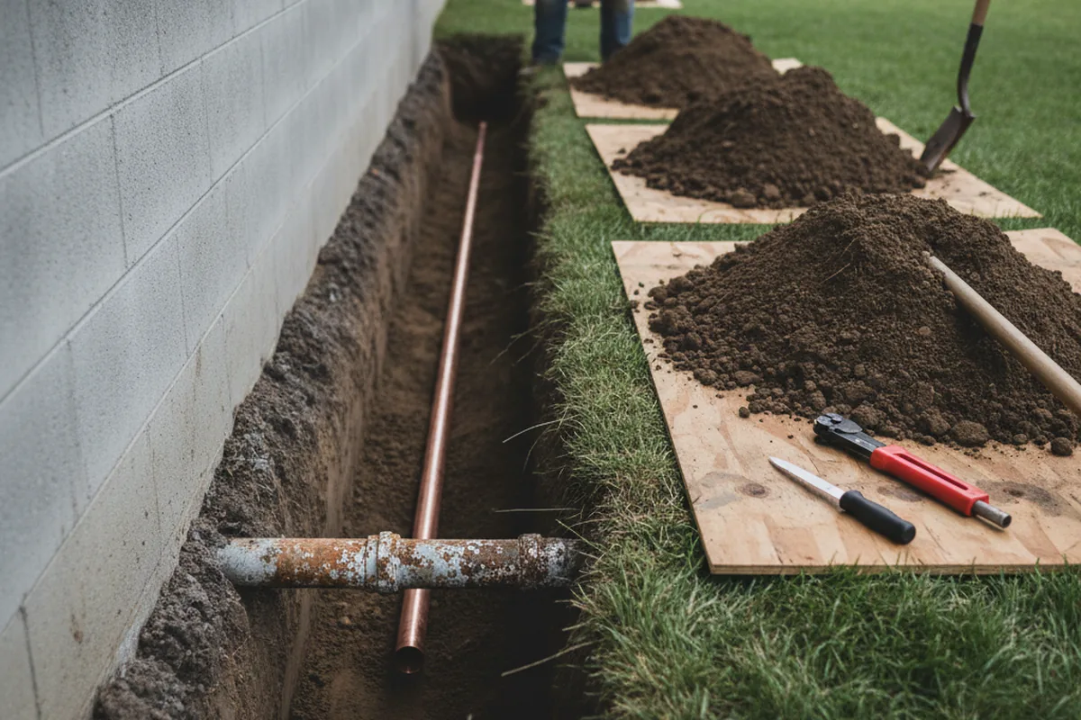 Excavated water line trench during Water Softener Installation in Hardwick